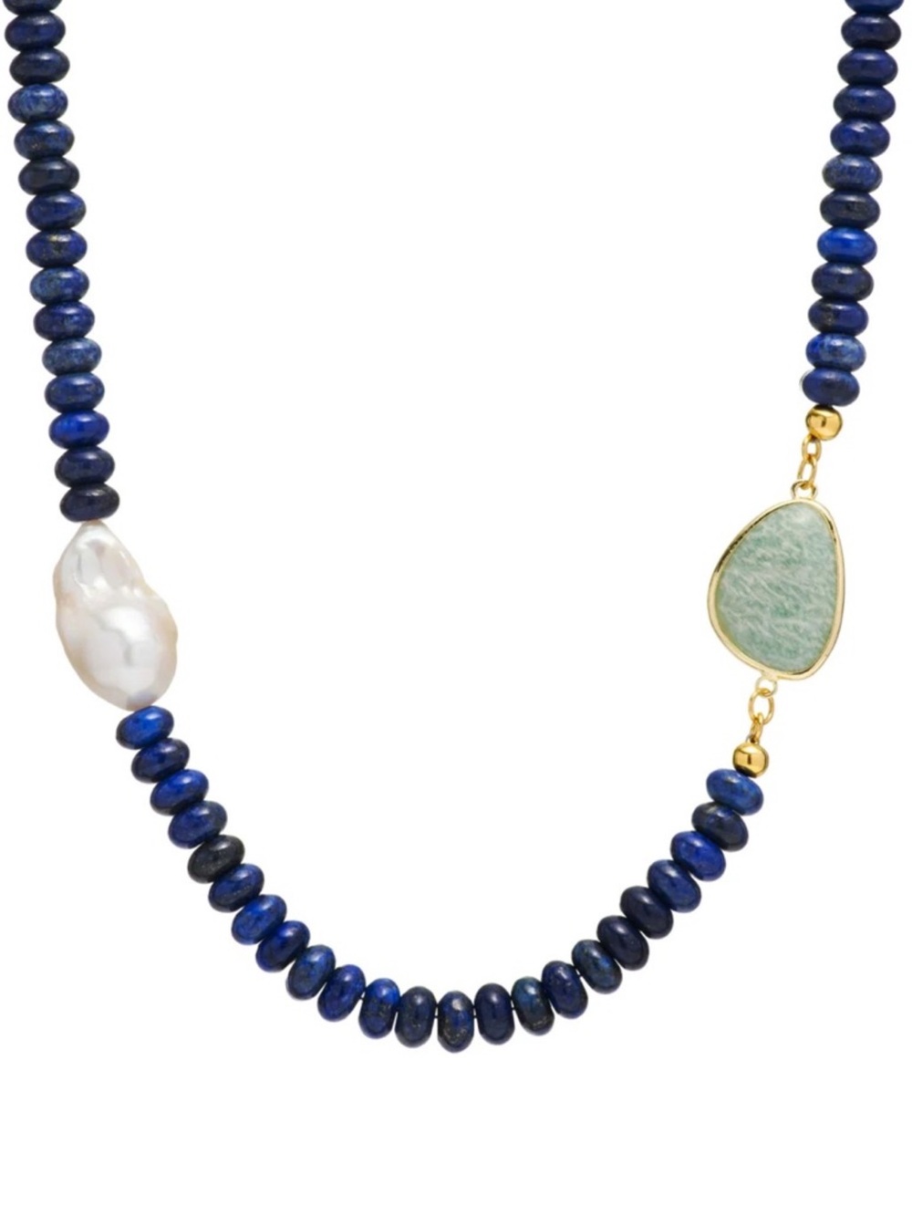 Blue Lapis Bead Necklace with Pearl and Green Stone Accent - by Mayamar